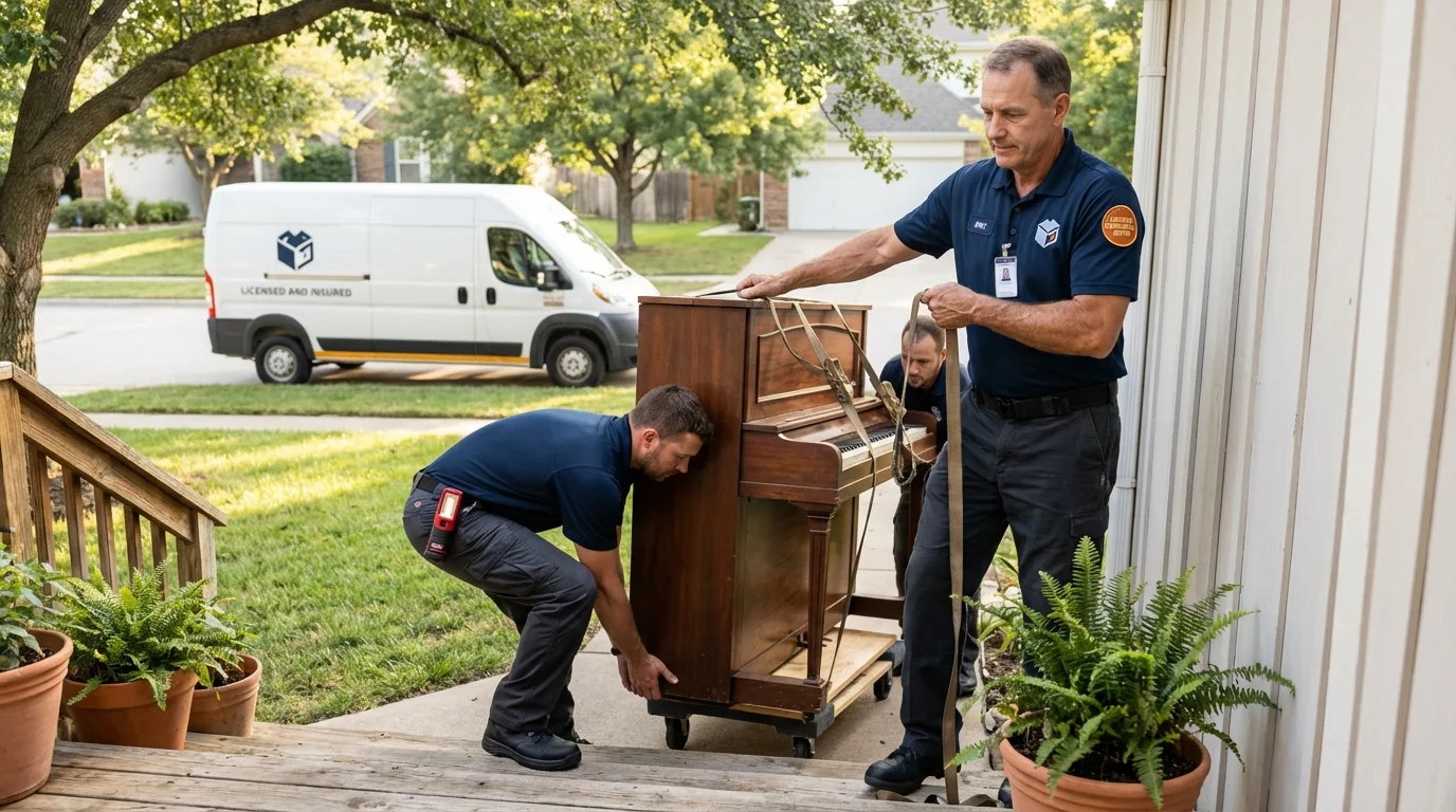 Licensed piano movers securing grand piano in Fennville, MI