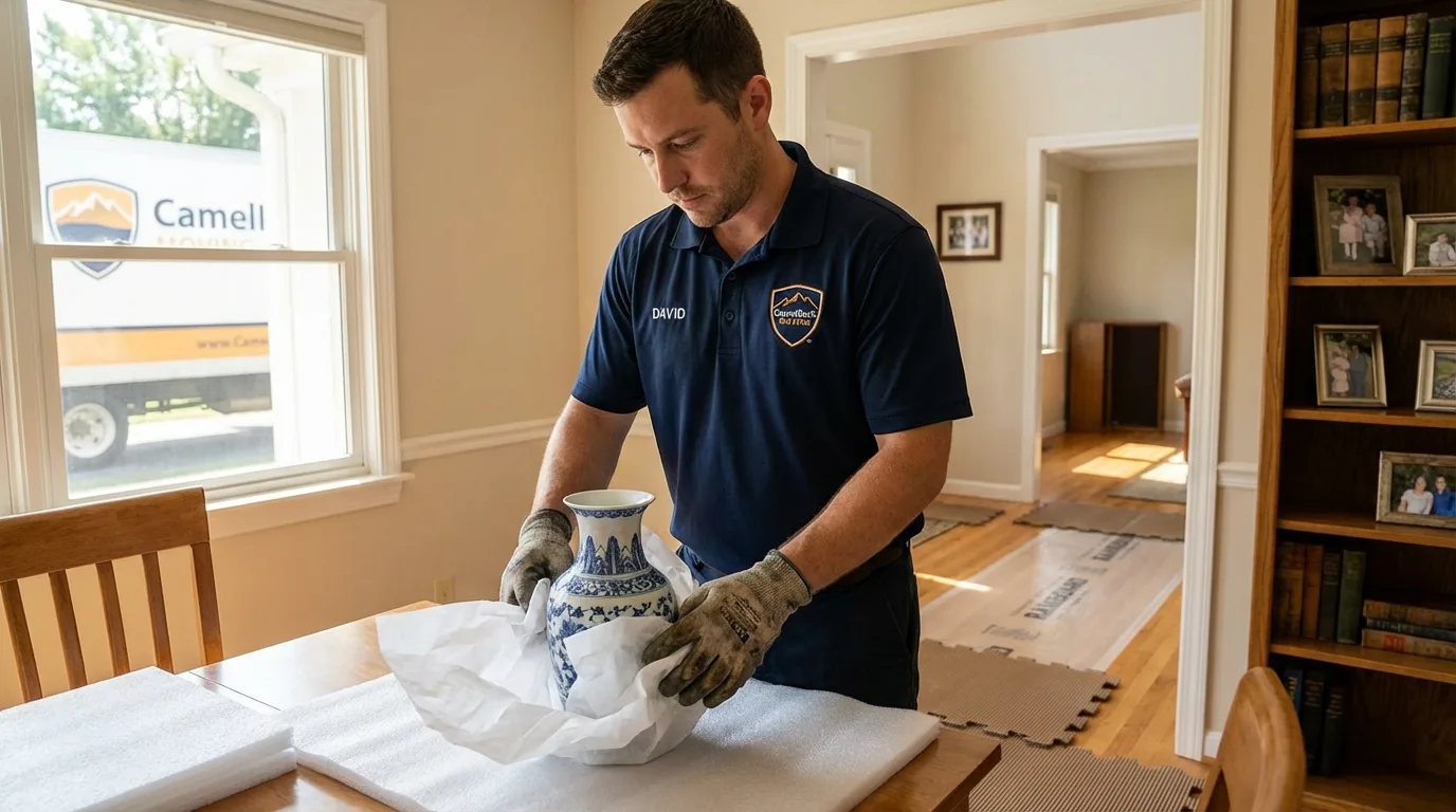 Professional crew carefully wrapping antique vase for senior downsizing move in Fennville, MI